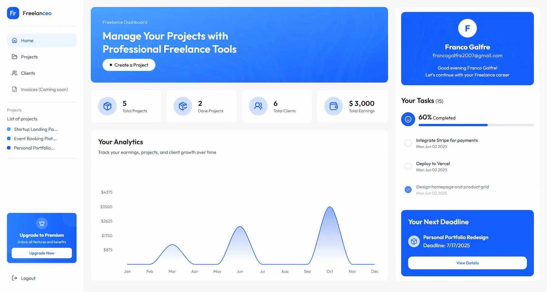Preview of Freelanceo Dashboard in Desktop Version